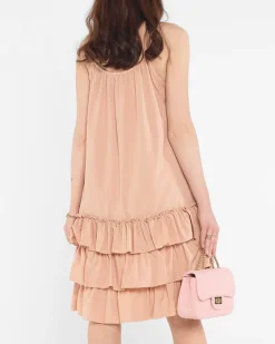 Camelowa damska sukienka na ramiączkach z falbankami - Odzież