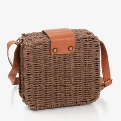 Ciemnobrązowa słomiana torebka typu kuferek - Torebki