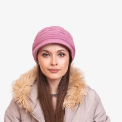 Ciemnoróżowa damska ciepła czapka z perełkami - Akcesoria