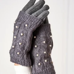 Ciemnoszare damskie rękawiczki mitenki z perełkami - Akcesoria