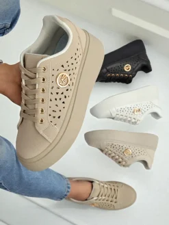 Cleo Ecru Platino – beżowe sneakersy na platformie Royalfashion skóra eko