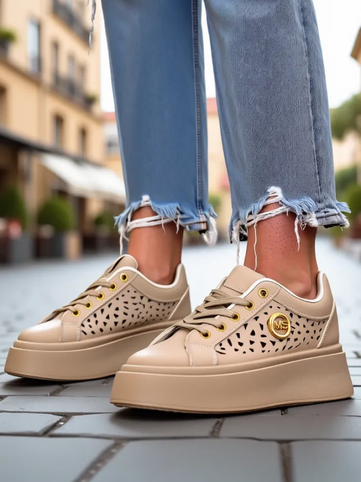 Cleo Ecru Platino – beżowe sneakersy na platformie Royalfashion skóra eko