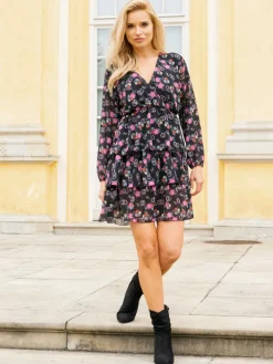 Czarna damska sukienka w kwiaty - Odzież