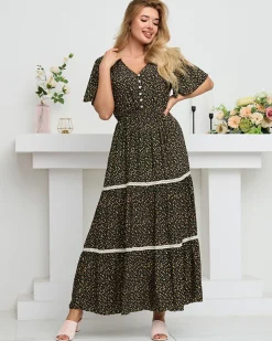 Czarna rozkloszowana damska sukienka maxi w kwiaty - Odzież