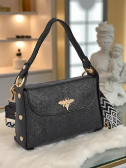 Czarna torebka damska Livia ze skóry ekologicznej z ozdobą w stylu Art Deco