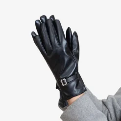 Czarne klasyczne damskie eko-skórzane rękawiczki z klamerką - Akcesoria