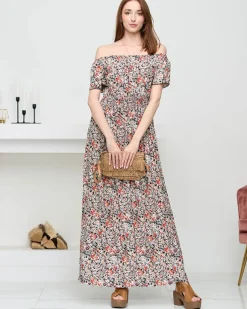 Damska czarna wzorzysta sukienka maxi- Odzież