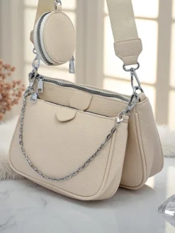 Damska torebka skórzana Perseida Multi Beige z łańcuszkiem i saszetką