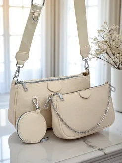 Damska torebka skórzana Perseida Multi Beige z łańcuszkiem i saszetką