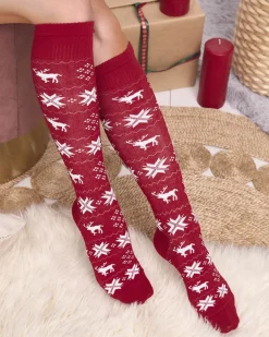 Damskie bordowe długie świąteczne skarpety - Bielizna