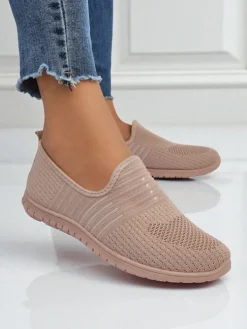 Damskie buty Aelia różowe z tkaniny, wygodne mokasyny na płaskim obcasie
