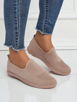 Damskie buty Aelia różowe z tkaniny, wygodne mokasyny na płaskim obcasie