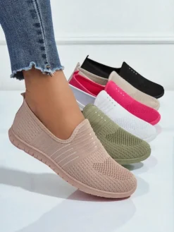 Damskie buty Aelia różowe z tkaniny, wygodne mokasyny na płaskim obcasie