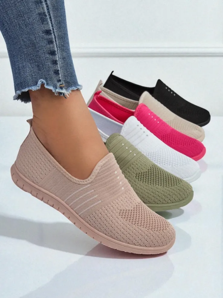 Damskie buty Aelia różowe z tkaniny, wygodne mokasyny na płaskim obcasie