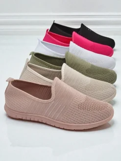 Damskie buty Aelia różowe z tkaniny, wygodne mokasyny na płaskim obcasie