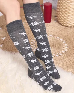 Damskie ciemnoszare długie świąteczne skarpety - Bielizna