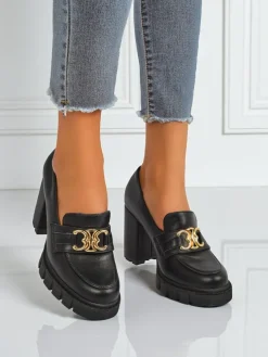 Damskie czółenka Nero Aurora na słupku ze złotą klamrą, skóra eko