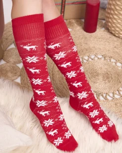 Damskie czerwone długie świąteczne skarpety - Bielizna