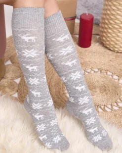 Damskie jasnoszare długie świąteczne skarpety - Bielizna