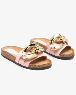 Damskie klapki Atalanta Royalfashion z łańcuchem – jasnoróżowe skóra eko