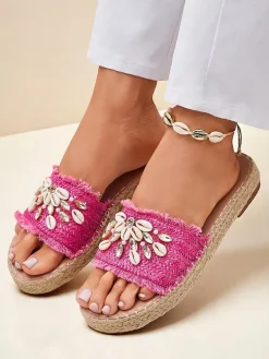 Damskie klapki Royalfashion Callista Fuksja na platformie z muszelkami