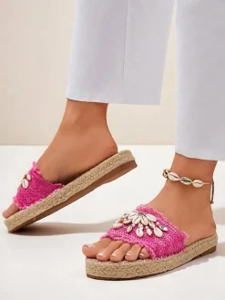 Damskie klapki Royalfashion Callista Fuksja na platformie z muszelkami