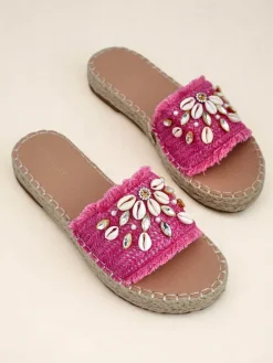 Damskie klapki Royalfashion Callista Fuksja na platformie z muszelkami