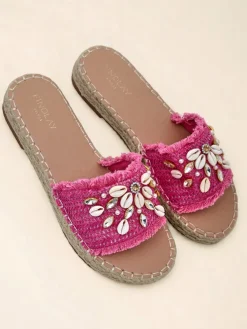 Damskie klapki Royalfashion Callista Fuksja na platformie z muszelkami