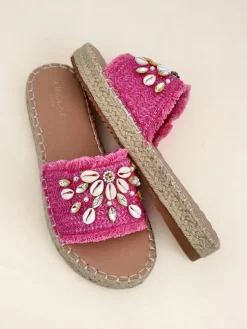 Damskie klapki Royalfashion Callista Fuksja na platformie z muszelkami