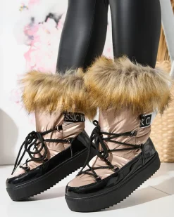 Damskie lakierowane buty a'la śniegowce w złoto- różowym kolorze Fursav- Obuwie