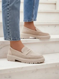 Damskie loafersy Callista beżowe, skóra ekologiczna, płaski obcas 4 cm