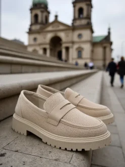 Damskie loafersy Callista beżowe, skóra ekologiczna, płaski obcas 4 cm