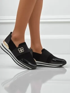 Damskie slip-ony Elektra Nero ze złotym akcentem, skóra ekologiczna, 3,5cm