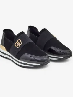 Damskie slip-ony Elektra Nero ze złotym akcentem, skóra ekologiczna, 3,5cm