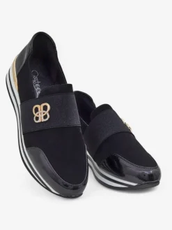 Damskie slip-ony Elektra Nero ze złotym akcentem, skóra ekologiczna, 3,5cm