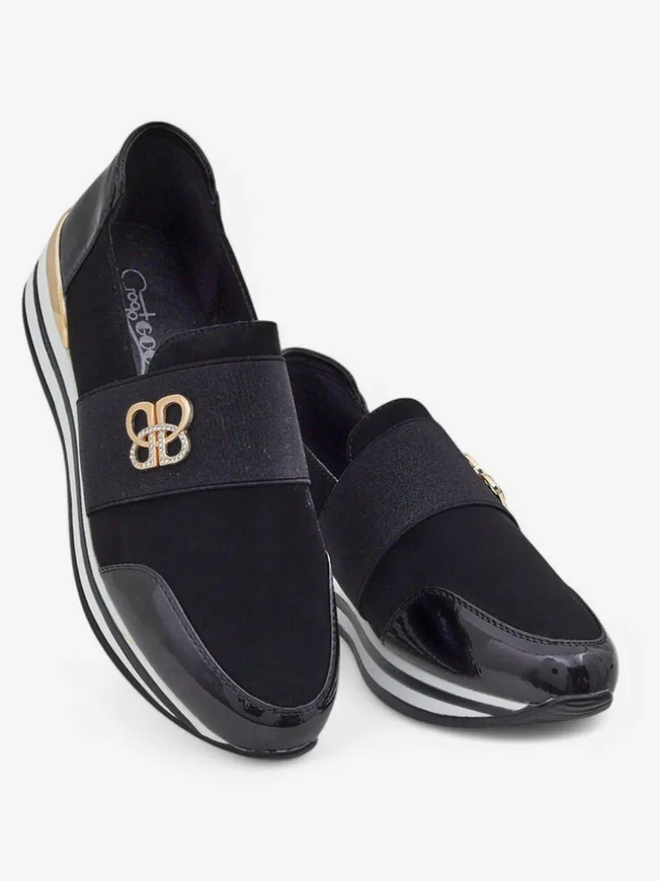 Damskie slip-ony Elektra Nero ze złotym akcentem, skóra ekologiczna, 3,5cm