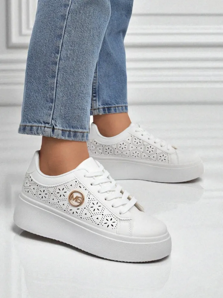 Damskie sneakersy Aelia Royalfashion na platformie białe ażurowe ecru