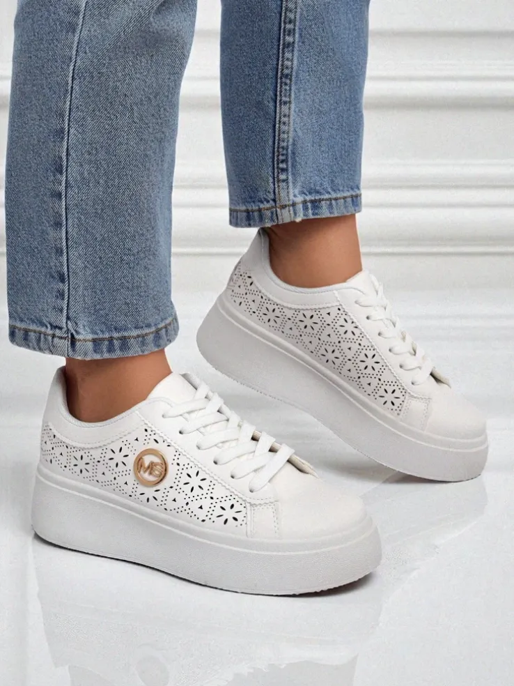 Damskie sneakersy Aelia Royalfashion na platformie białe ażurowe ecru
