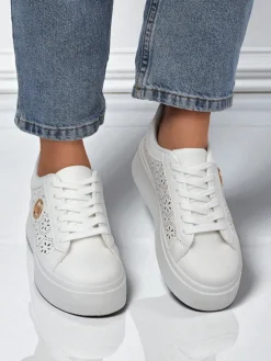Damskie sneakersy Aelia Royalfashion na platformie białe ażurowe ecru