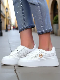 Damskie sneakersy Aelia Royalfashion na platformie białe ażurowe ecru