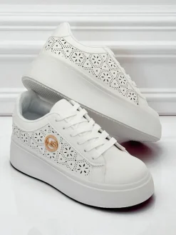Damskie sneakersy Aelia Royalfashion na platformie białe ażurowe ecru