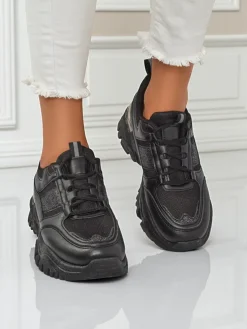 Damskie sneakersy Arete Nero na płaskim spodzie ze skóry ekologicznej