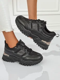 Damskie sneakersy Arete Nero na płaskim spodzie ze skóry ekologicznej