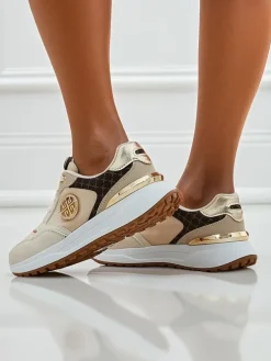 Damskie sneakersy beżowe Calista Verona na płaskim obcasie - skóra eko 4 cm