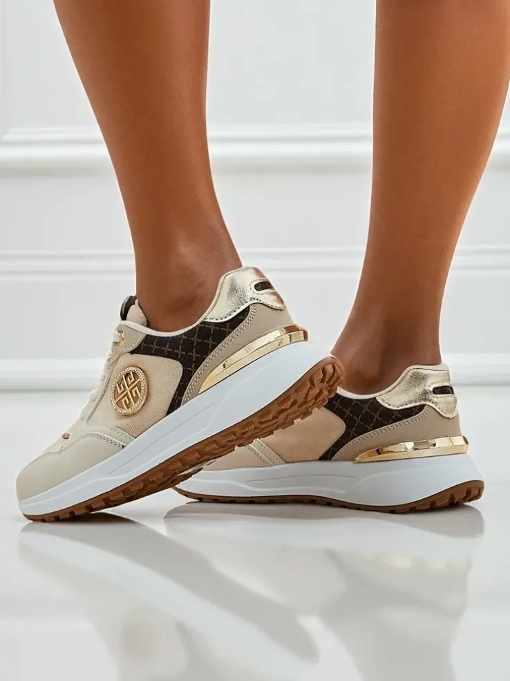 Damskie sneakersy beżowe Calista Verona na płaskim obcasie - skóra eko 4 cm