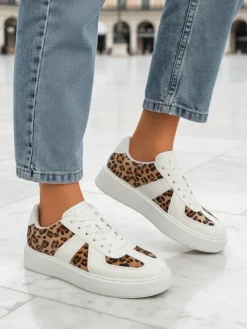 Damskie Sneakersy Calista Leopardia – Białe Skóra Eko Tkanina Wiosna 4cm