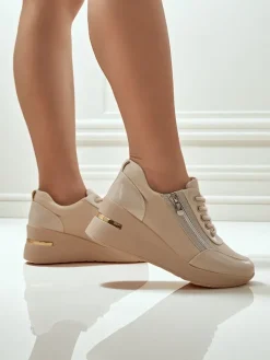 Damskie sneakersy koturny HeraBea beżowe ze skóry ekologicznej 6,5 cm z zamkiem