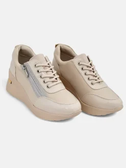 Damskie sneakersy koturny HeraBea beżowe ze skóry ekologicznej 6,5 cm z zamkiem