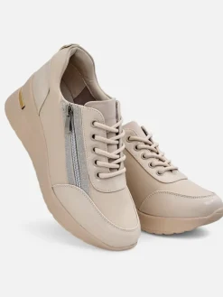 Damskie sneakersy koturny HeraBea beżowe ze skóry ekologicznej 6,5 cm z zamkiem