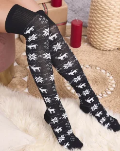 Damskie świąteczne skarpety za kolano w kolorze czarnym- Bielizna